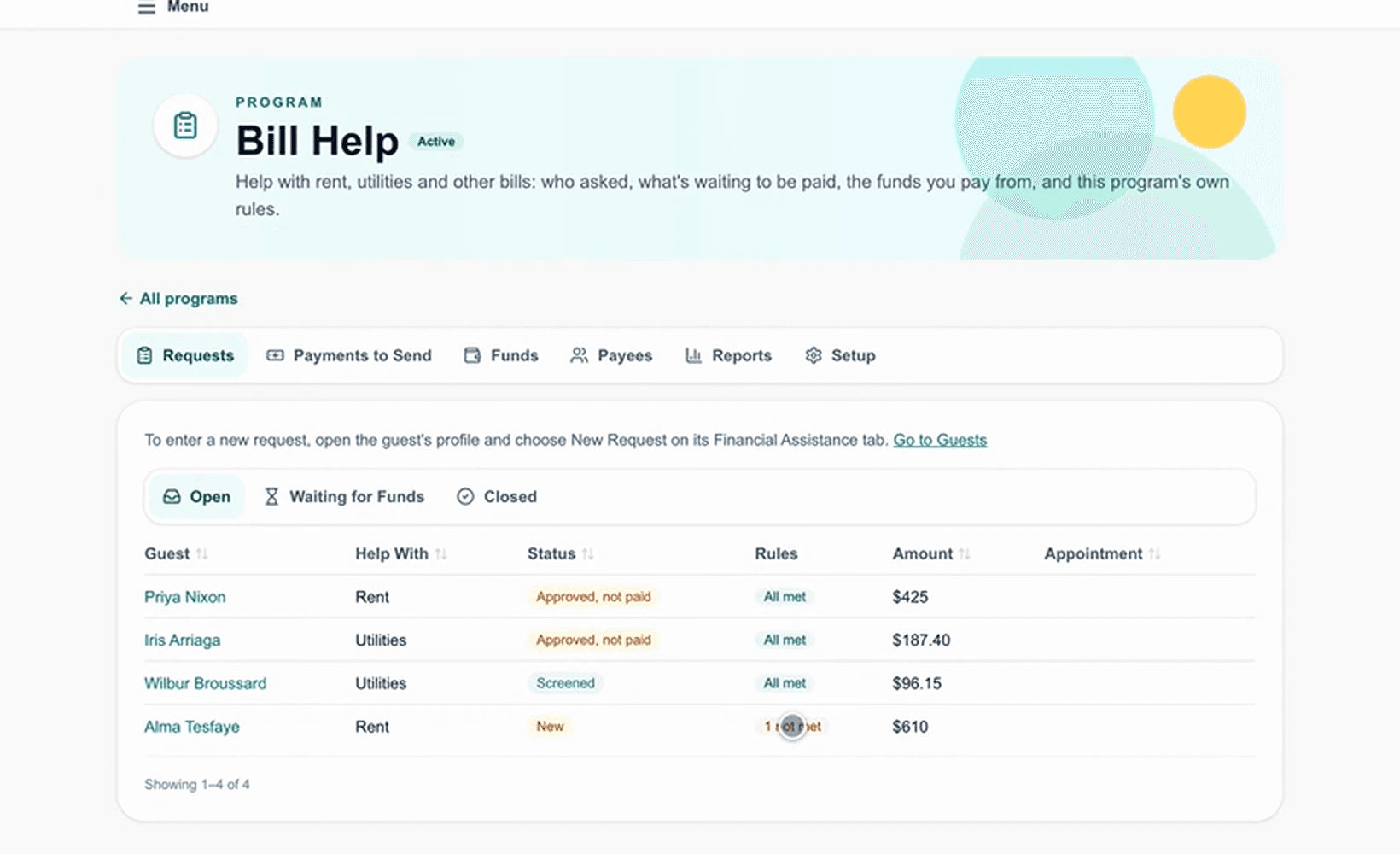The bill-help request queue: each guest's request, what it is for, its status, whether the program's rules are met, and the amount.
