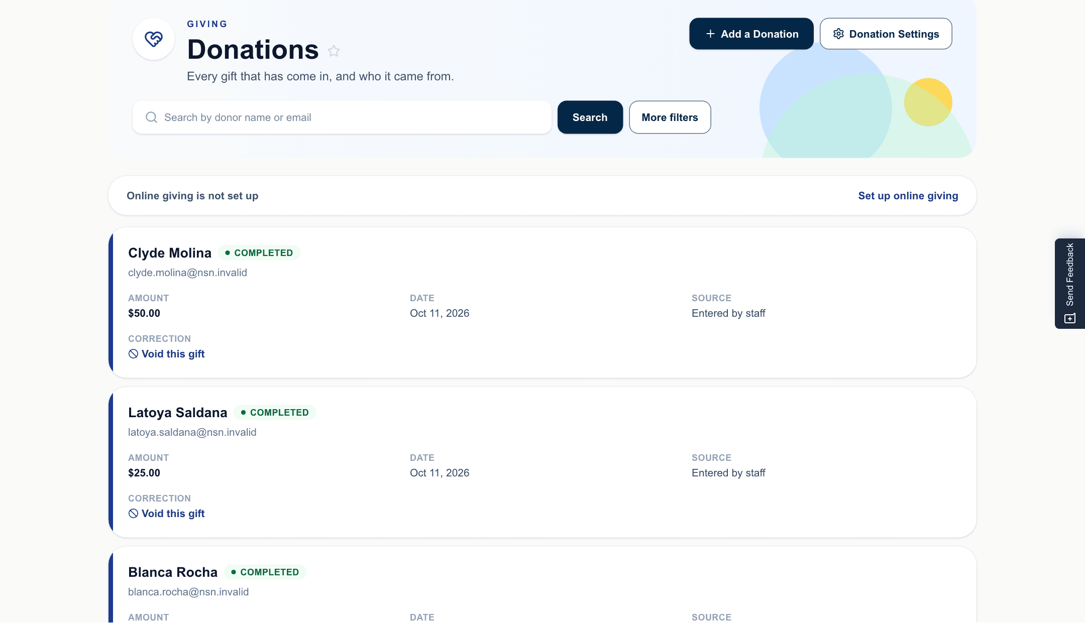 The donations screen: gifts listed with donor, amount and date, and the totals across them.