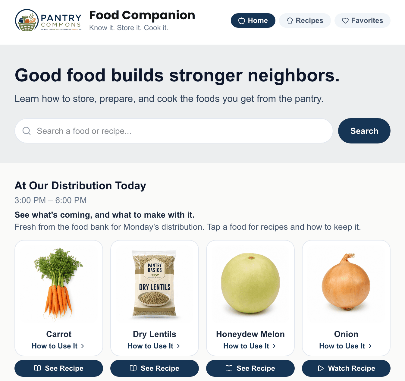 The Food Companion home a guest opens: a search for a food or recipe, then the foods coming to today's distribution, each photographed, with how to use it and a recipe to see or watch.