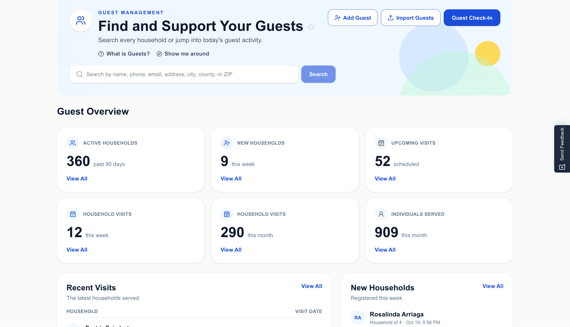 The guest management screen: a search box over active households, with visits this month and the households served most recently.