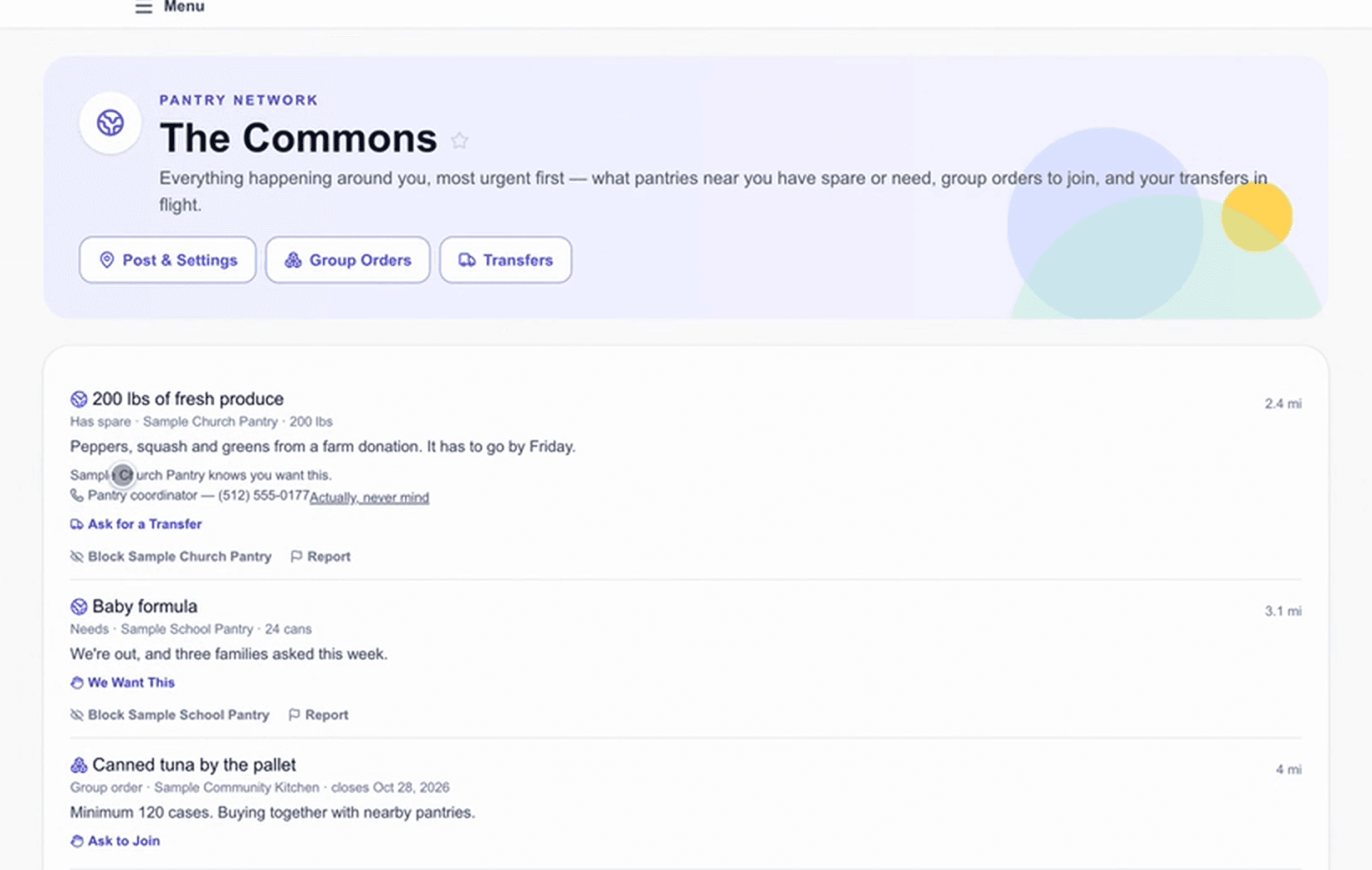 The Commons: posts from nearby pantries offering surplus, asking for what they need, and organizing group orders.
