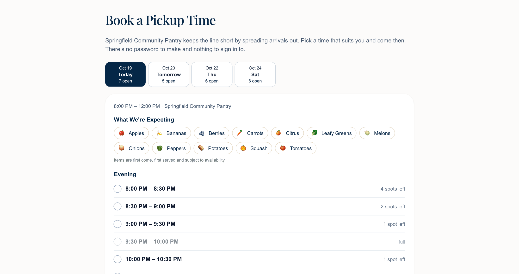 The pickup booking page a guest sees: a day's windows listed by time, each showing how many spots are left before it fills.