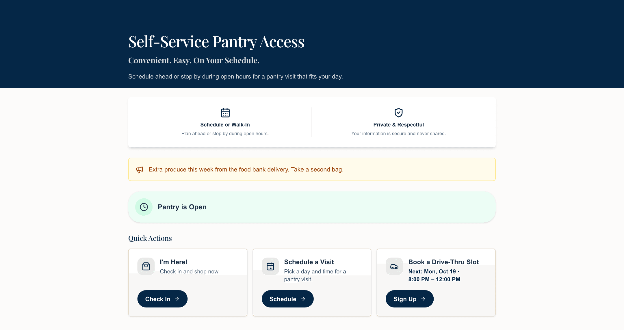The guest-facing page a neighbor lands on: the pantry's current open hours, its visit rule, and the ways to come in — check in now or book a time.