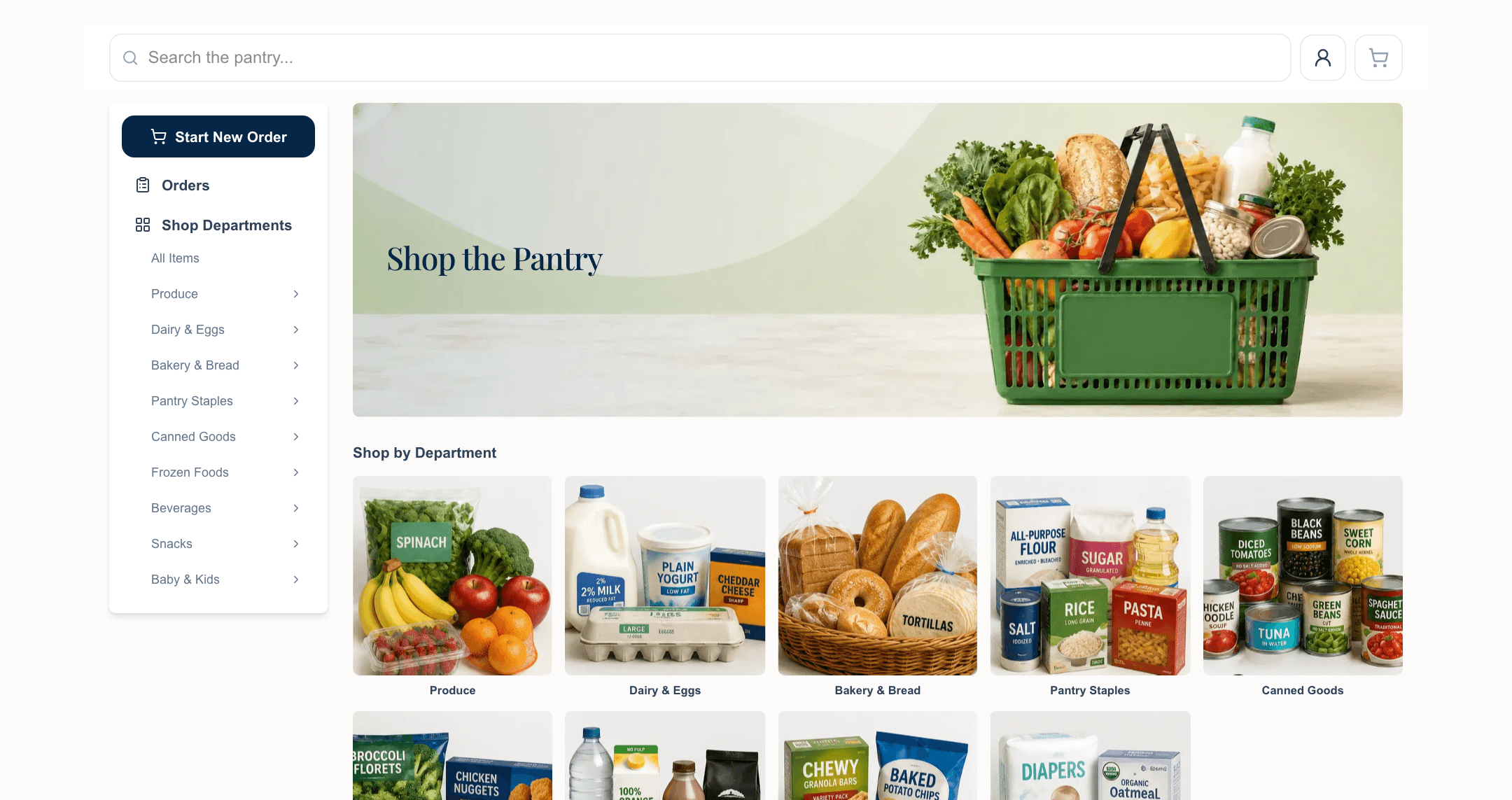 The guest storefront: a Shop the Pantry banner over the pantry's departments — dairy and eggs, bakery, pantry staples, canned goods, frozen — each a photographed tile a neighbor browses into.