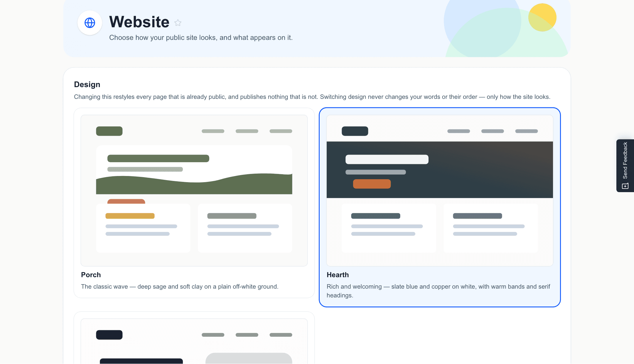 The page builder: a pantry's pages down one side and a live preview of the site beside them.