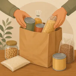 Hands packing cans and pasta into a grocery bag