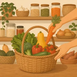 A hand placing a carrot in a produce basket
