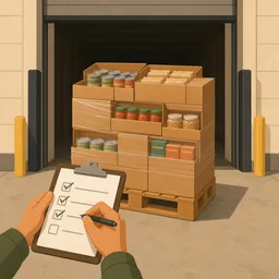 Hands checking a delivery of canned goods against a clipboard