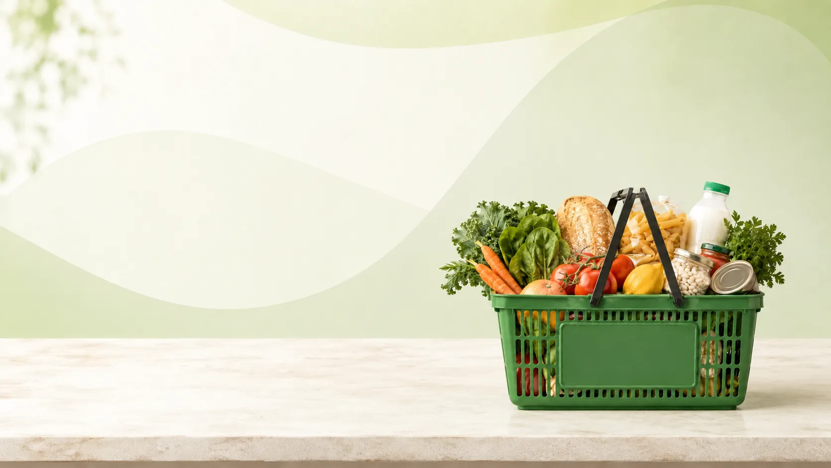 A basket of fresh vegetables, bread, milk and pantry staples